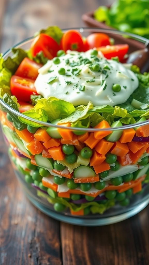 A colorful layered garden salad in a glass bowl with lettuce, tomatoes, cucumbers, bell peppers, carrots, peas, and cheese.